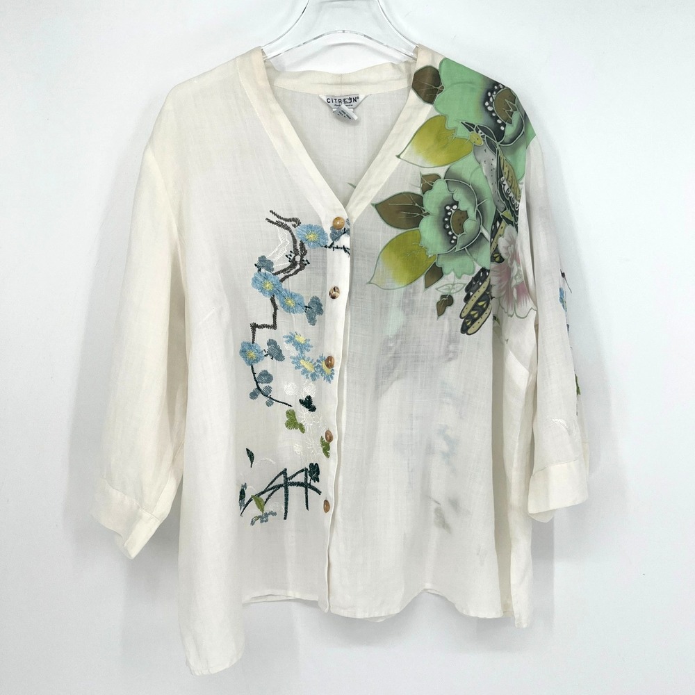 Citron Top Womens 2X Floral Embroidered Bamboo Rayon Boho Asian Bird